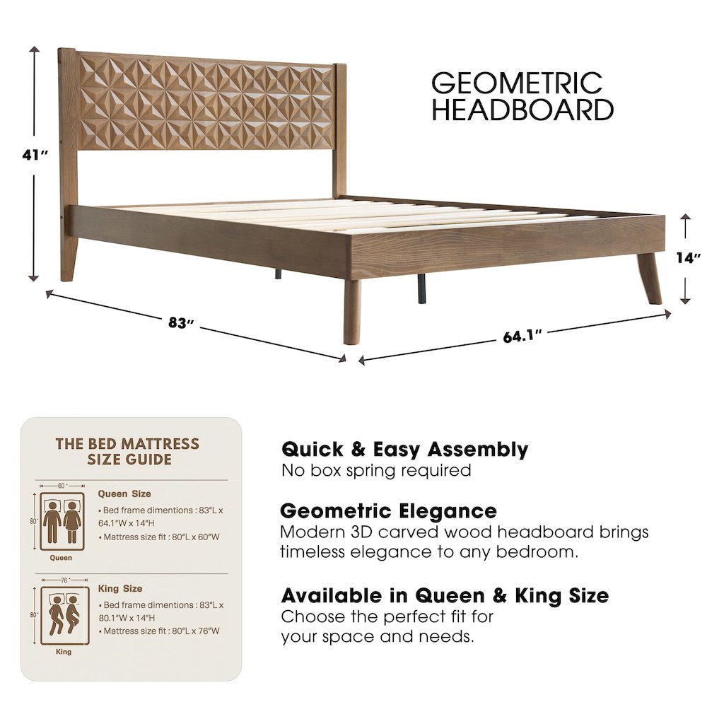 Queen Wooden Platform Bed Frame, Barnwood Finish, Morden Style