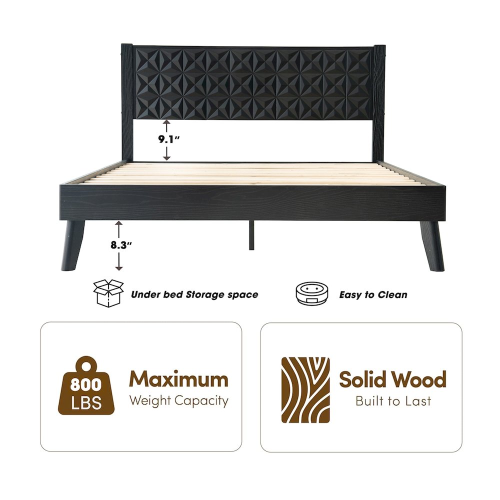 Queen Wooden Platform Bed Frame, Ebony Oak Finish, Morden Style