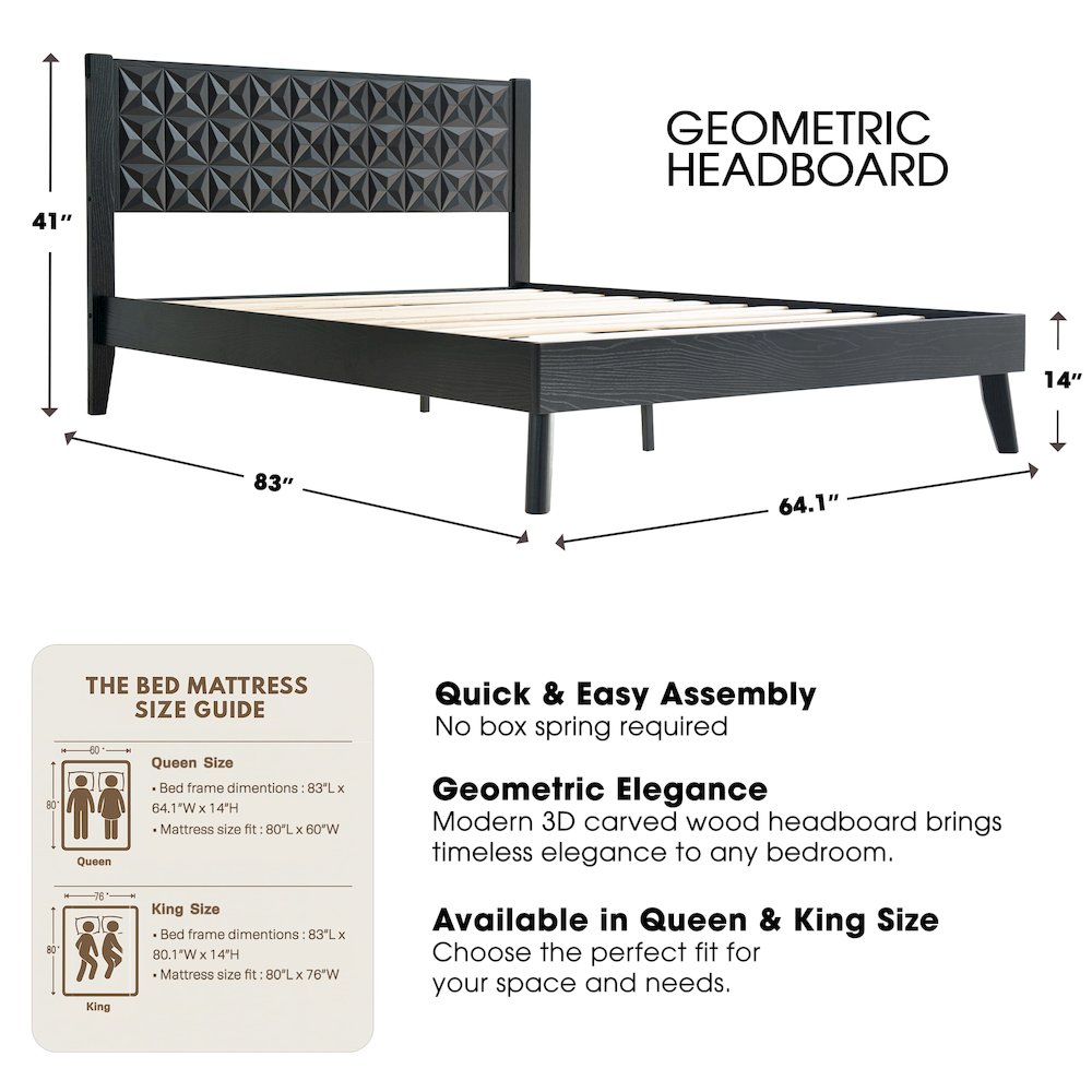 Queen Wooden Platform Bed Frame, Ebony Oak Finish, Morden Style