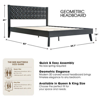 Queen Wooden Platform Bed Frame, Ebony Oak Finish, Morden Style