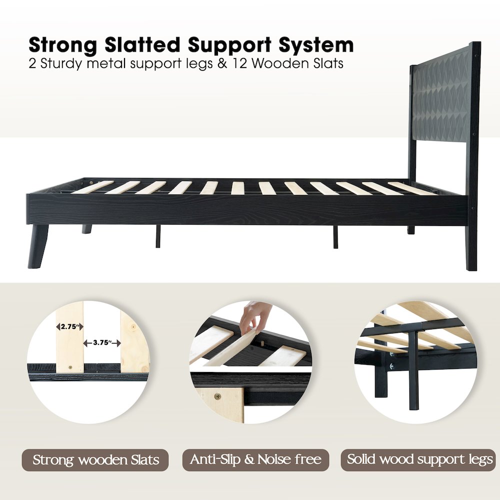 Queen Wooden Platform Bed Frame, Ebony Oak Finish, Morden Style