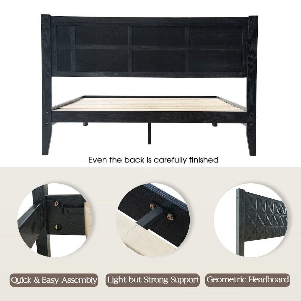 Queen Wooden Platform Bed Frame, Ebony Oak Finish, Morden Style
