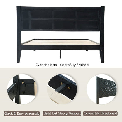 Queen Wooden Platform Bed Frame, Ebony Oak Finish, Morden Style