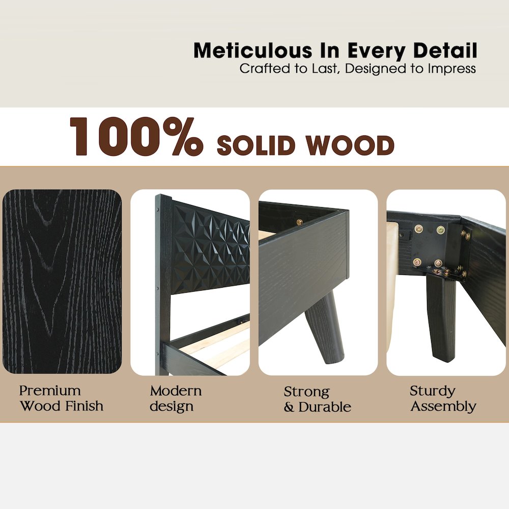 Queen Wooden Platform Bed Frame, Ebony Oak Finish, Morden Style