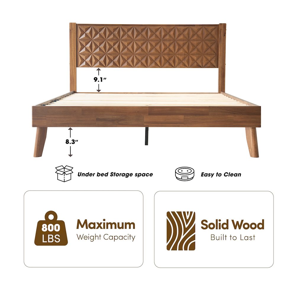 Queen Wooden Platform Bed Frame, Walnut Finish, Morden Style