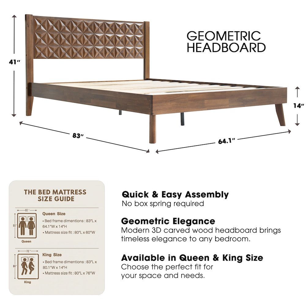 Queen Wooden Platform Bed Frame, Walnut Finish, Morden Style