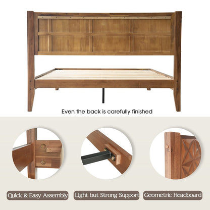 Queen Wooden Platform Bed Frame, Walnut Finish, Morden Style