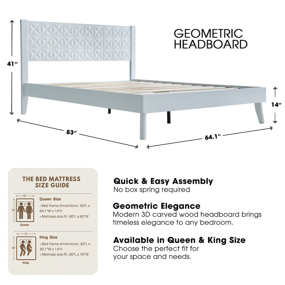 Queen Wooden Platform Bed Frame, Pure White Finish, Morden Style