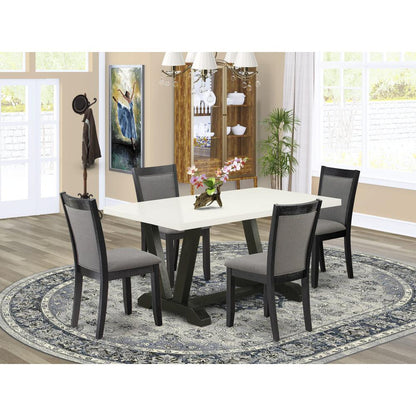 V626MZ650-5 5 Piece Dining Set - Linen White Table with 4 Dark Gotham Grey Linen Fabric dinning chairs - Wire Brushed Black Finish