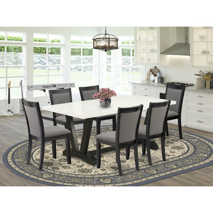 V627MZ650-7 7 Piece Kitchen Table Set - Linen White Dinner Table with 6 Dark Gotham Grey Dining Chairs - Wire Brushed Black Finish