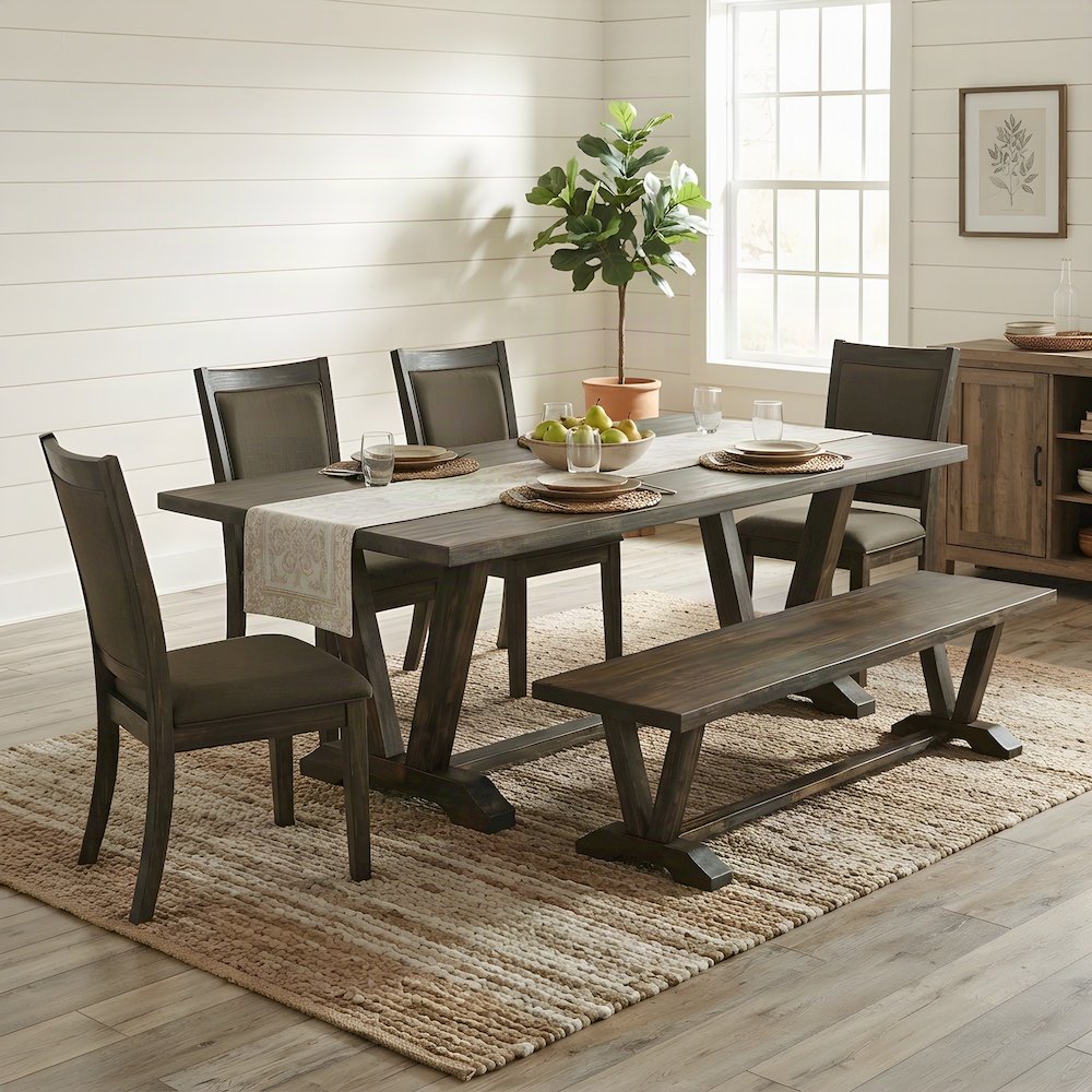 Solid Wood Dining Table Set with Bench, Trestle Base, Linen Chairs 6 Piece Set
