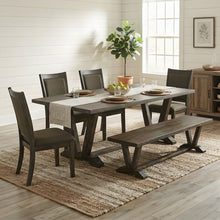 Solid Wood Dining Table Set with Bench, Trestle Base, Linen Chairs 6 Piece Set