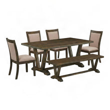 Solid Wood Dining Table Set with Bench, Trestle Base, Linen Chairs 6 Piece Set