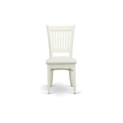 ANVA3-LWH-C - 3-Pc Dining Room Table Set- 2 Wooden Chairs and Round Dining Table - Linen Fabric Seat and Slatted Chair Back (Linen White Finish)