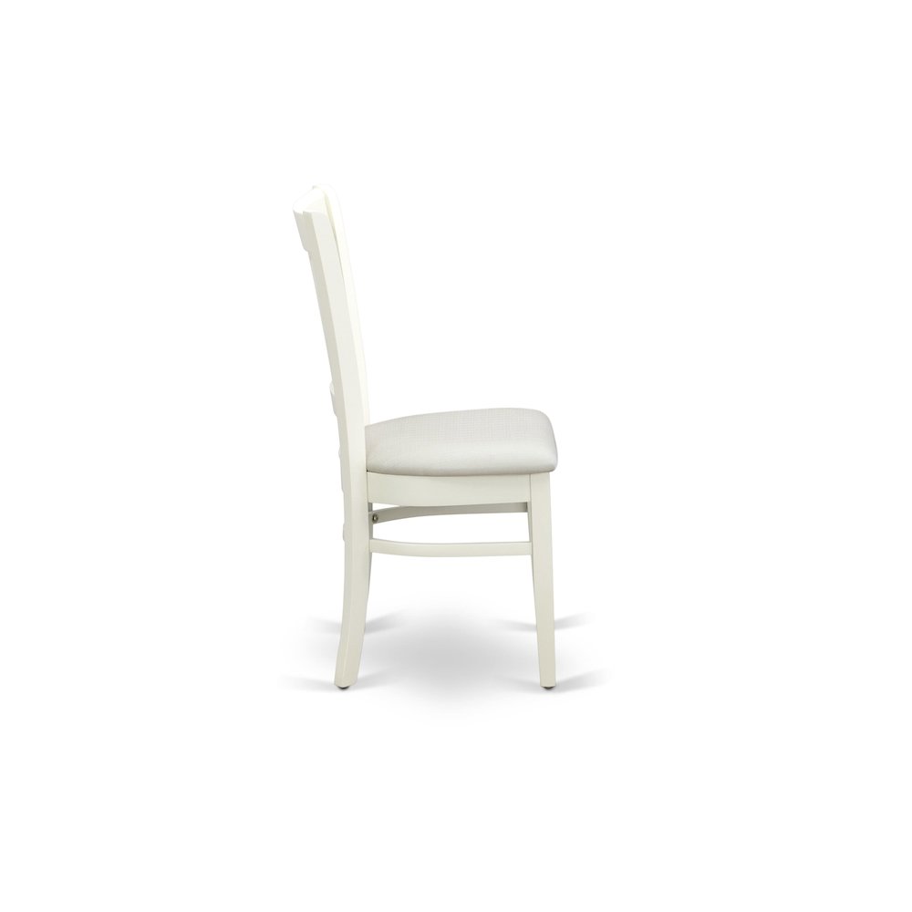ANVA3-LWH-C - 3-Pc Dining Room Table Set- 2 Wooden Chairs and Round Dining Table - Linen Fabric Seat and Slatted Chair Back (Linen White Finish)