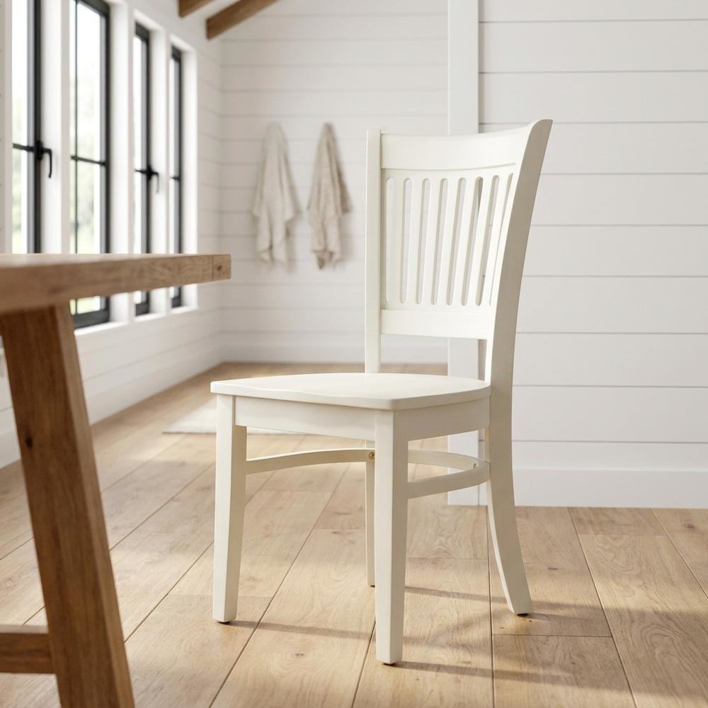 Wooden Dining Chair with Slat Back, Wood Kitchen Chair, White, Set of 2
