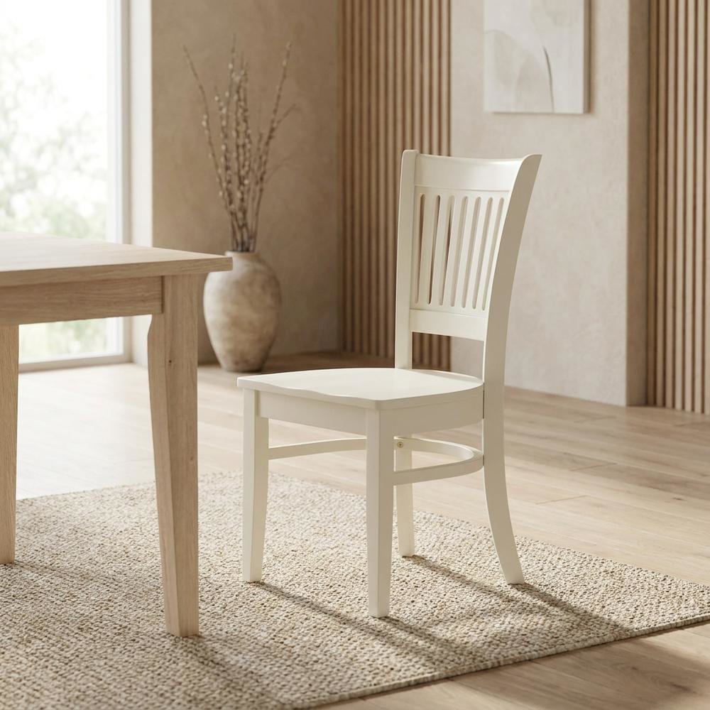 Wooden Dining Chair with Slat Back, Wood Kitchen Chair, White, Set of 2