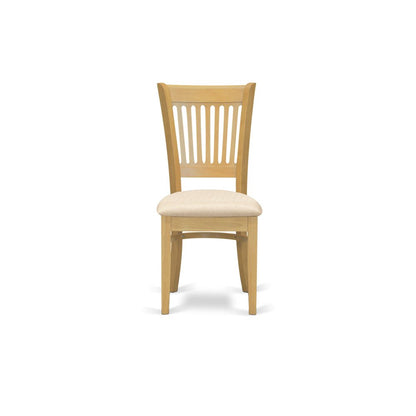 East West Furniture 3 Piece Dining Table Set Contains 1 Round Pedestal Table and 2 Oak Linen Fabric Wooden Kitchen Chairs with Slatted Back - Oak Finish