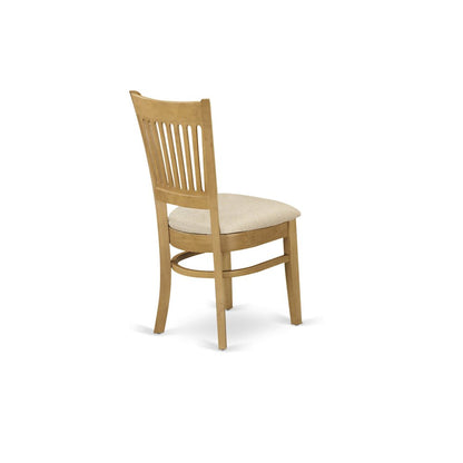 East West Furniture 3 Piece Dining Table Set Contains 1 Round Pedestal Table and 2 Oak Linen Fabric Wooden Kitchen Chairs with Slatted Back - Oak Finish