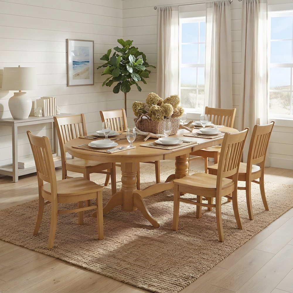 Solid Wood Oval Dining Table with Extension Leaf and 6 Chairs 7 Piece Set