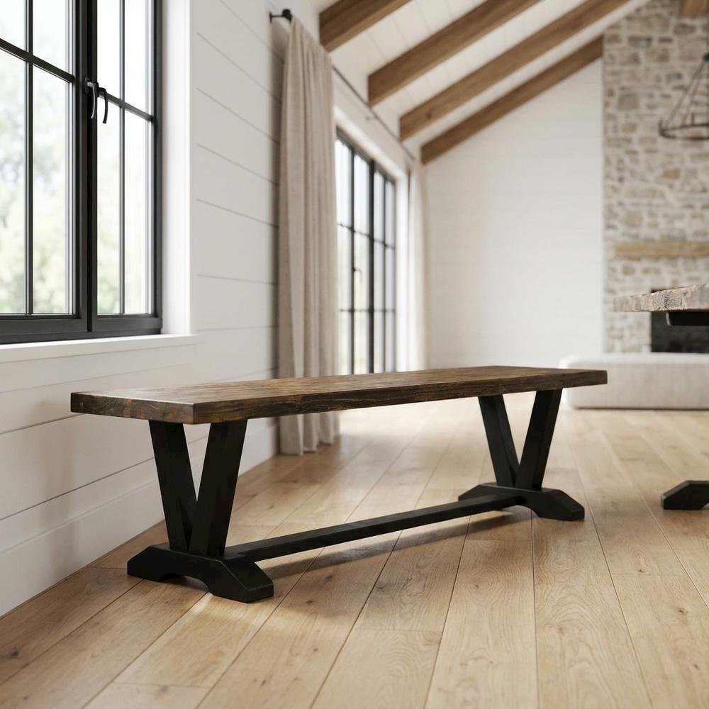 Solid Wood Dining Bench with V-Style Base for Dining Room, Dark Brown