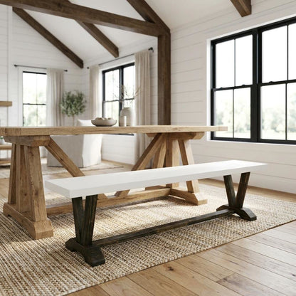 Wooden Dining Bench with V-Style Base for Kitchen or Dining Room, White