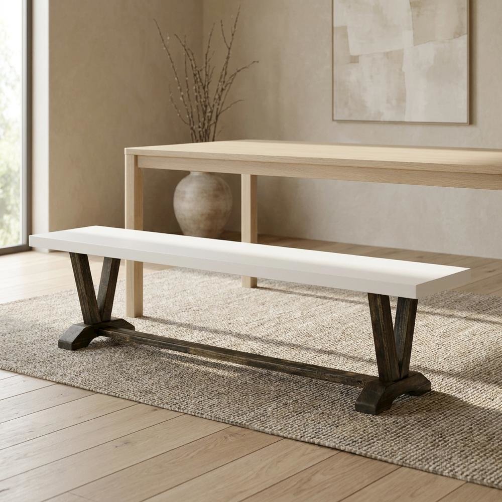 Wooden Dining Bench with V-Style Base for Kitchen or Dining Room, White