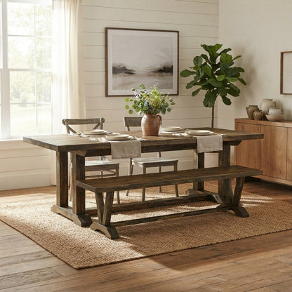 Distressed Wood Dining Bench with Farmhouse Style Base, Indoor, Espresso Finish