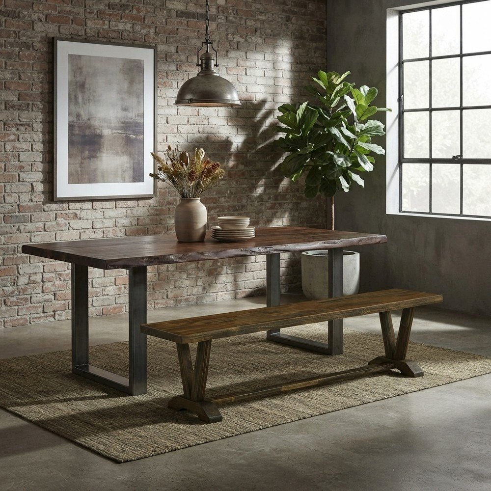 Distressed Wood Dining Bench with Farmhouse Style Base, Indoor, Espresso Finish