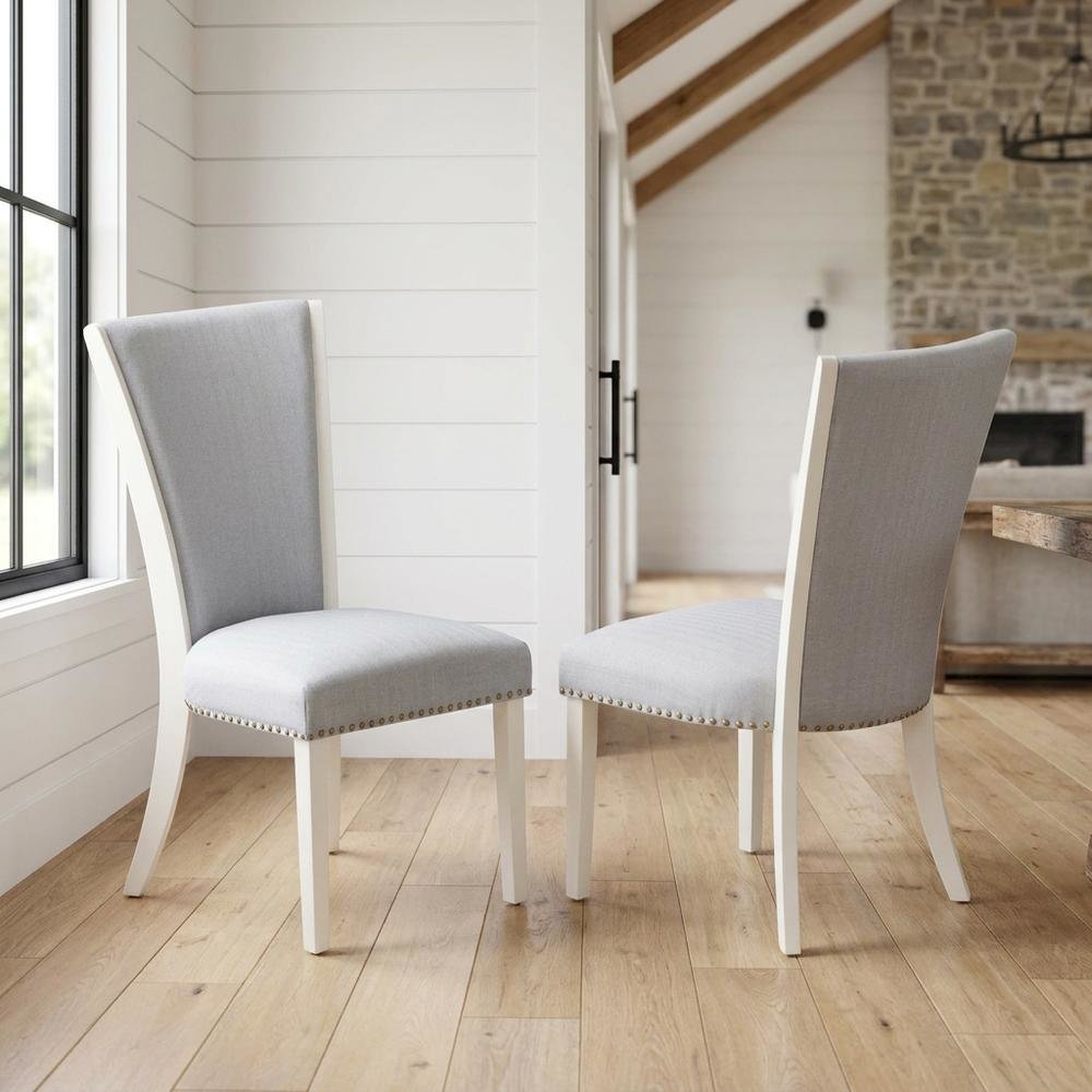 Linen Fabric Parsons Dining Chairs with Nail Head and Wood Frame, Grey, Set of 2