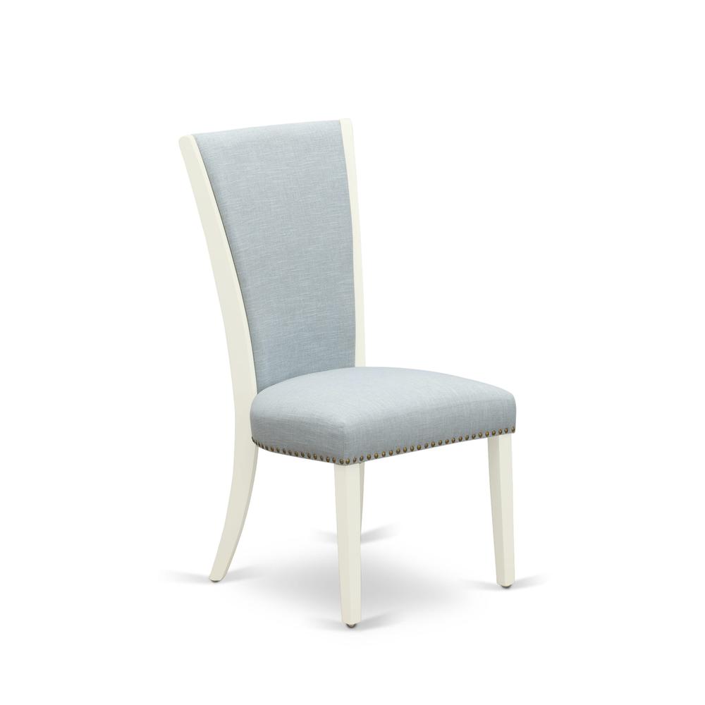 East West Furniture - Set of 2 - Dining Chair- Upholstered Chair Includes Linen White Hardwood Structure with Baby Blue Linen Fabric Seat with Nail Head and Stylish Back