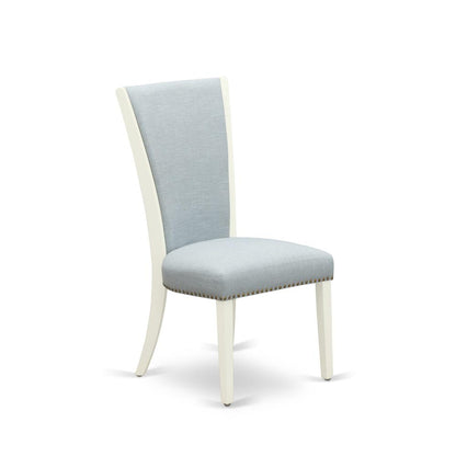 East West Furniture - Set of 2 - Dining Chair- Upholstered Chair Includes Linen White Hardwood Structure with Baby Blue Linen Fabric Seat with Nail Head and Stylish Back