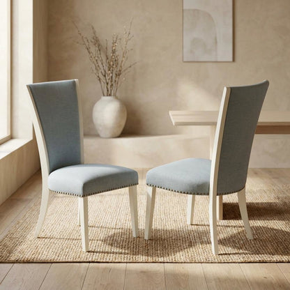 Linen Dining Chair with Nail Head Trim and Stylish High Back, Blue, Set of 2