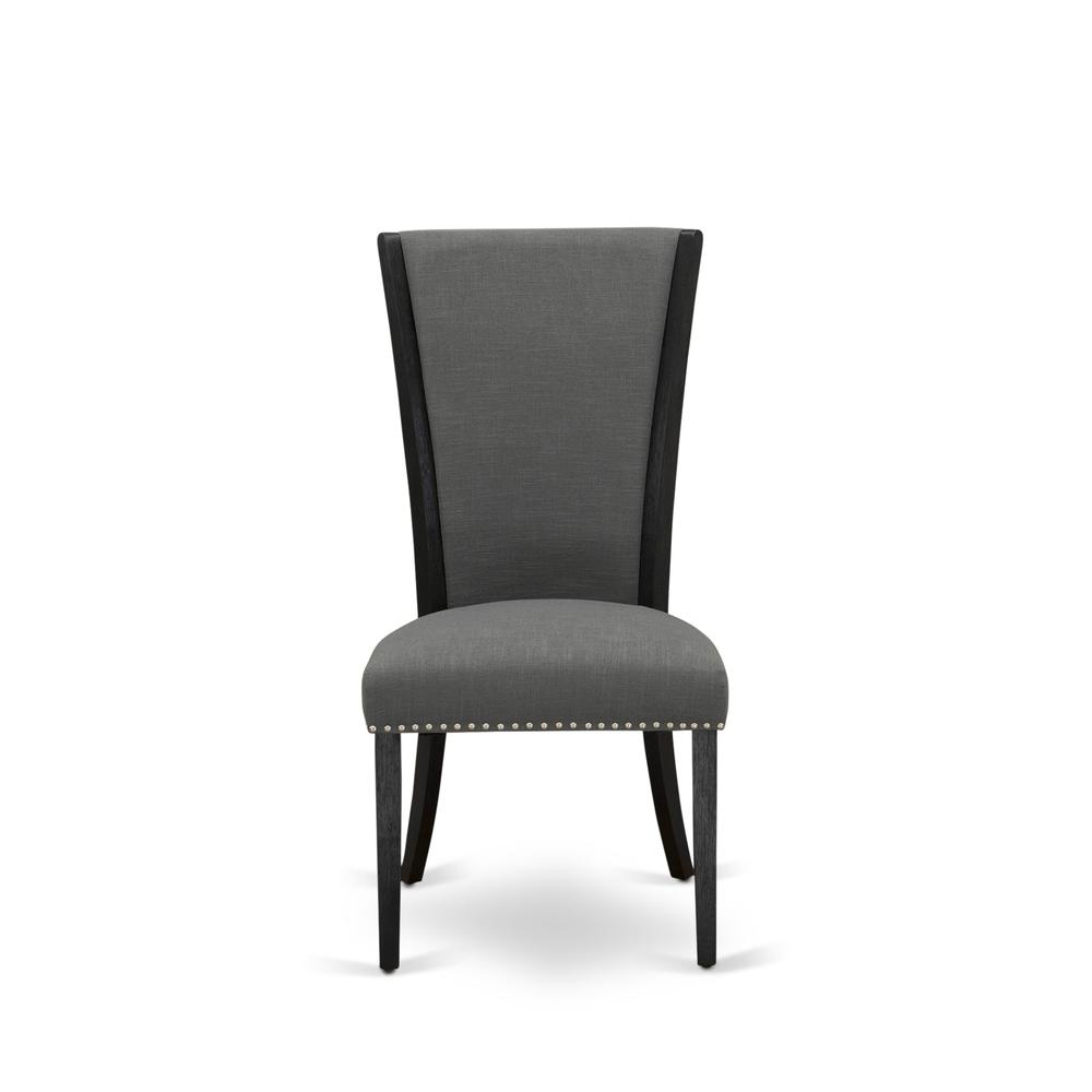 East West Furniture - Set of 2 - Dining Room Chairs- Wooden Chair Includes Black Wooden Structure with Dark Gotham Grey Linen Fabric Seat with Nail Head and Stylish Back