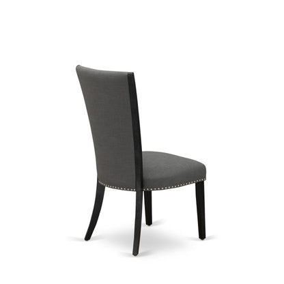East West Furniture - Set of 2 - Dining Room Chairs- Wooden Chair Includes Black Wooden Structure with Dark Gotham Grey Linen Fabric Seat with Nail Head and Stylish Back