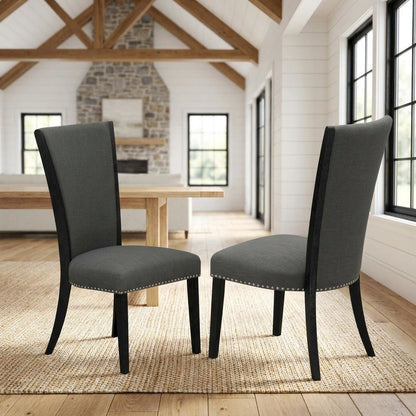 Linen Dining Chair with Nail Head and Wood Frame, Dark Gotham Grey, Set of 2