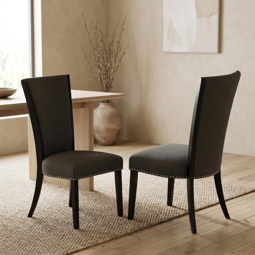 Linen Dining Chair with Nail Head and Wood Frame, Dark Gotham Grey, Set of 2