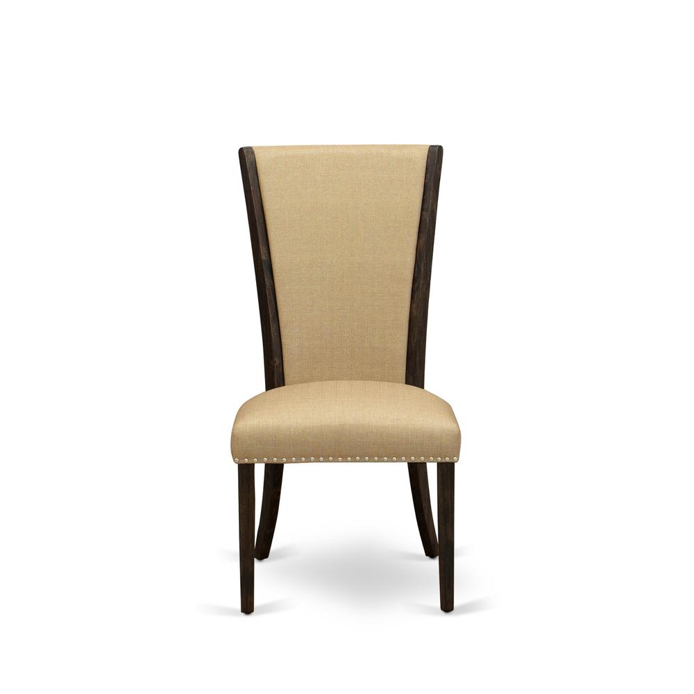 East West Furniture - Set of 2 - Wood Chairs- Wood Chair Includes Distressed Jacobean Hardwood Frame with Brown Linen Fabric Seat with Nail Head and Stylish Back