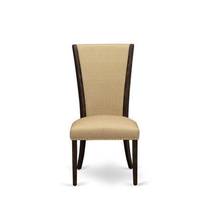 East West Furniture - Set of 2 - Wood Chairs- Wood Chair Includes Distressed Jacobean Hardwood Frame with Brown Linen Fabric Seat with Nail Head and Stylish Back