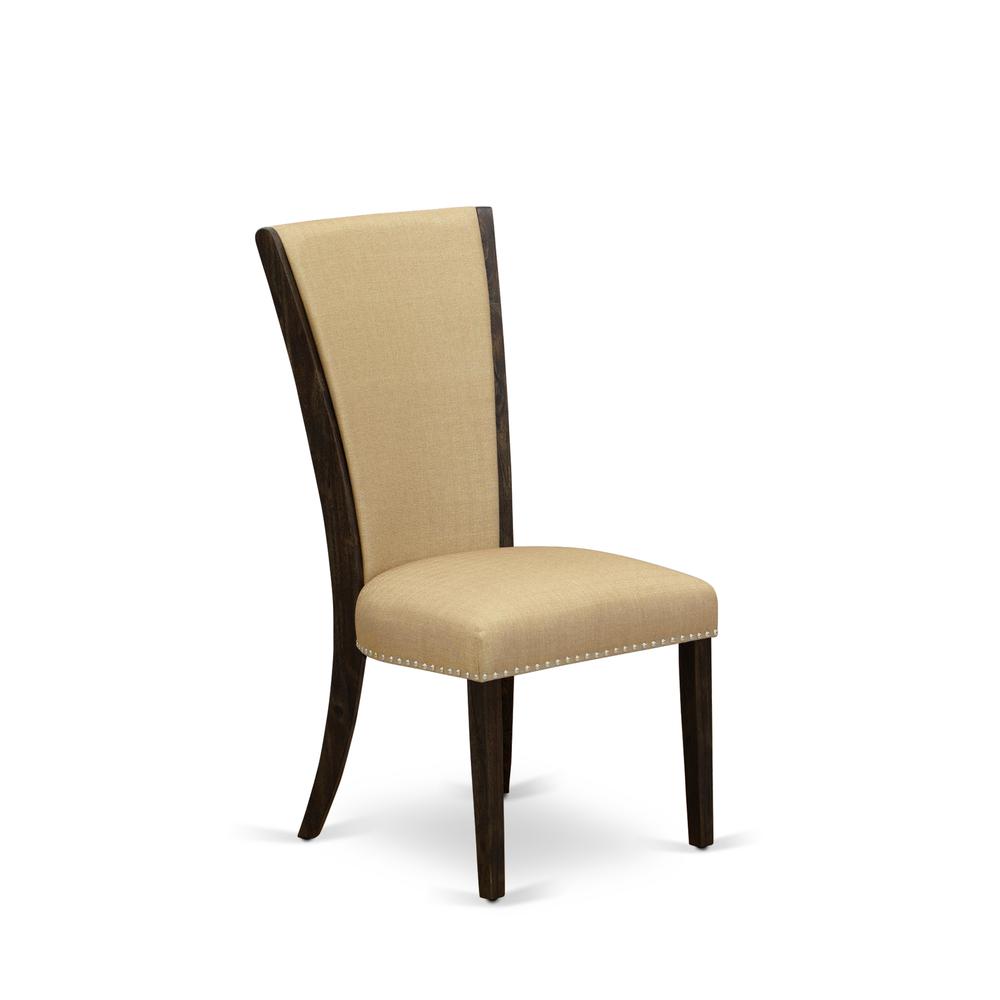 East West Furniture - Set of 2 - Wood Chairs- Wood Chair Includes Distressed Jacobean Hardwood Frame with Brown Linen Fabric Seat with Nail Head and Stylish Back