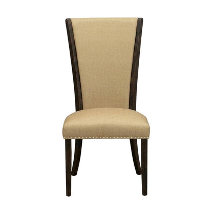 Linen Dining Chair with Distressed Hardwood Frame, Nailhead, Brown, Set of 2