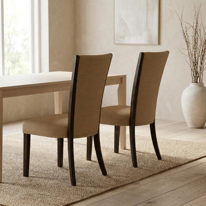 Linen Dining Chair with Distressed Hardwood Frame, Nailhead, Brown, Set of 2