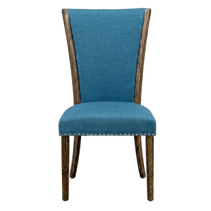 Linen Dining Chairs with Distressed Wood Frame and Nail Head, Blue, Set of 2