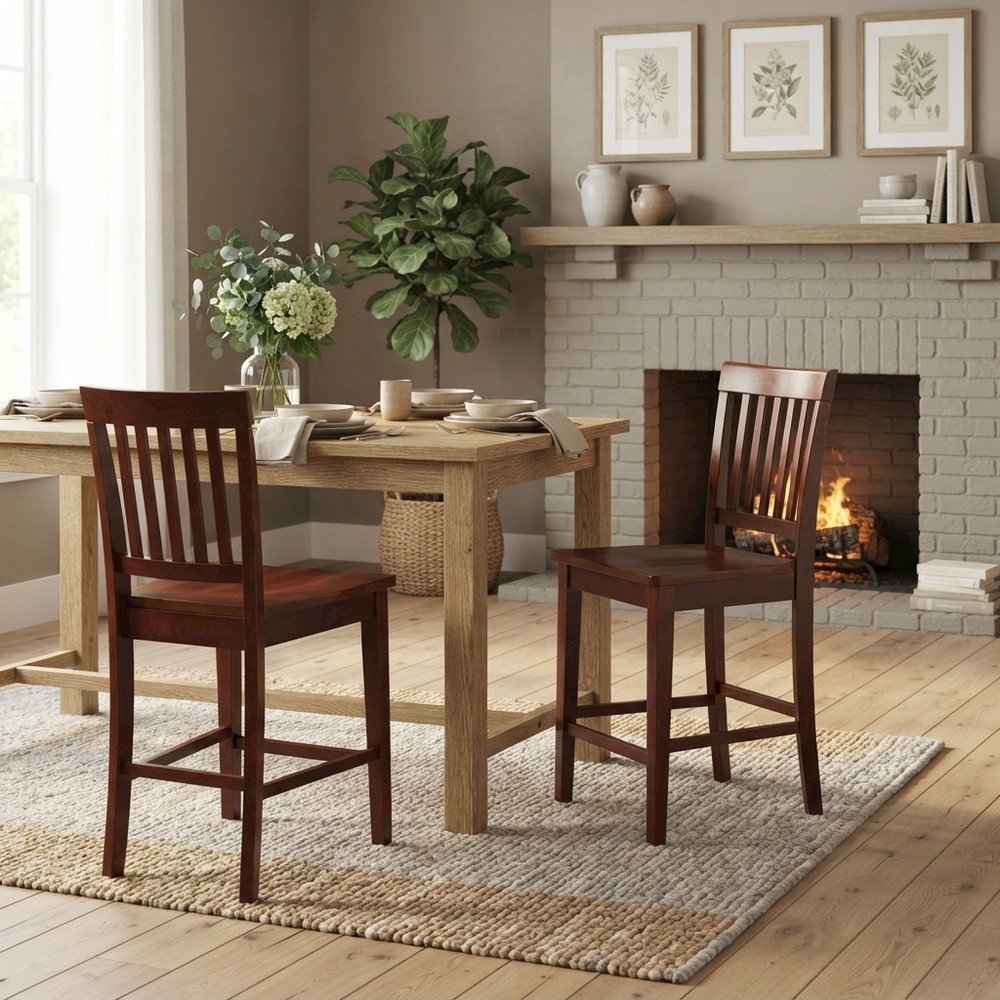 Solid Wood Counter Stools with Back and Traditional Bar Stool Design, Set of 2