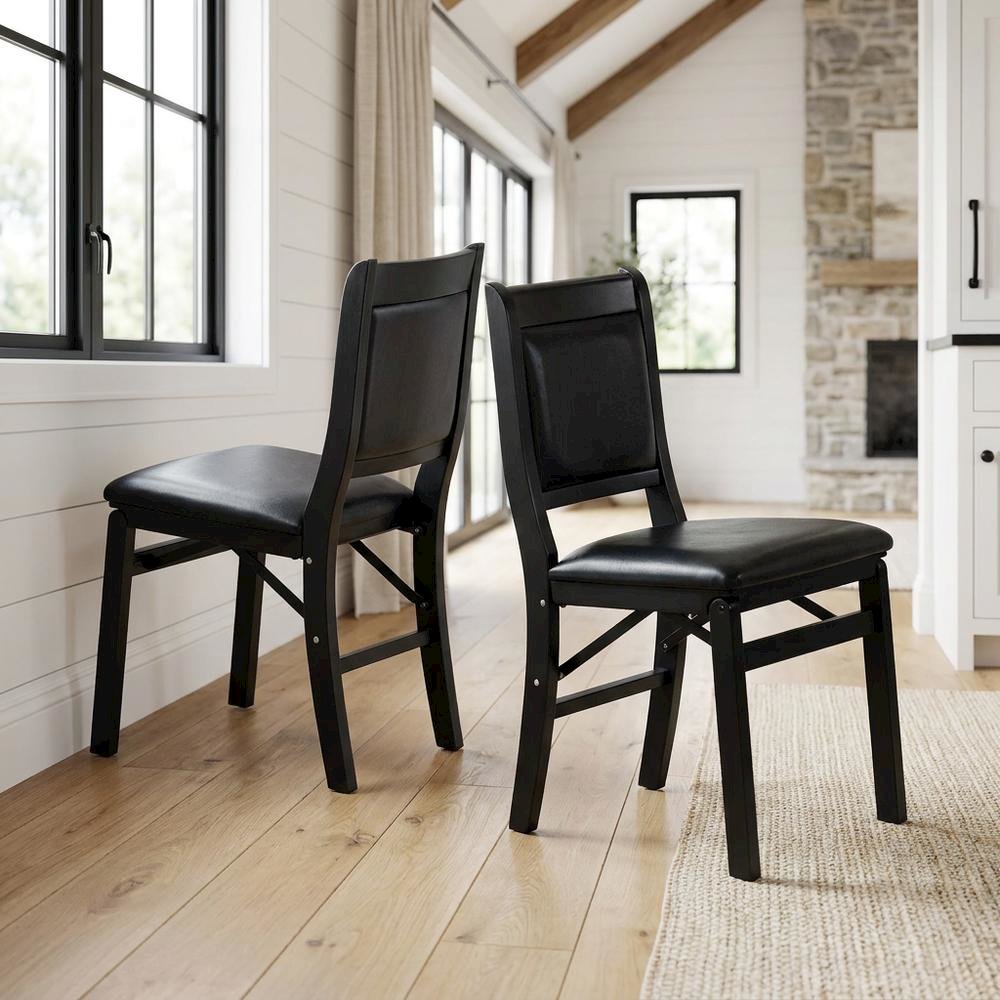Solid Wood Dining Chairs with PU Leather Seat, 3-X Back, Set of 2, Black