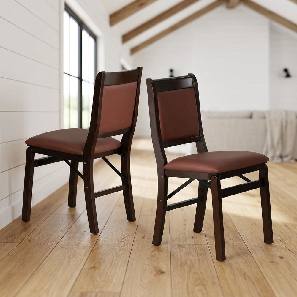 Solid Wood Dining Chairs with PU Leather Seat, 3-X Back, Set of 2, Mahogany