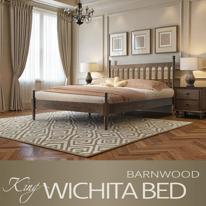 King Wooden Platform Bed Frame, Barnwood Finish, Traditional Style