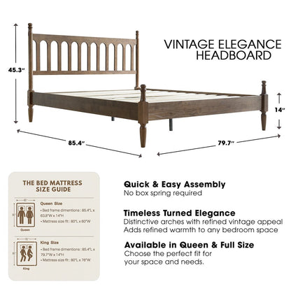 King Wooden Platform Bed Frame, Barnwood Finish, Traditional Style