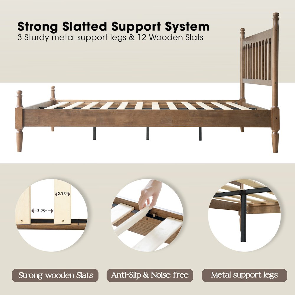 King Wooden Platform Bed Frame, Barnwood Finish, Traditional Style