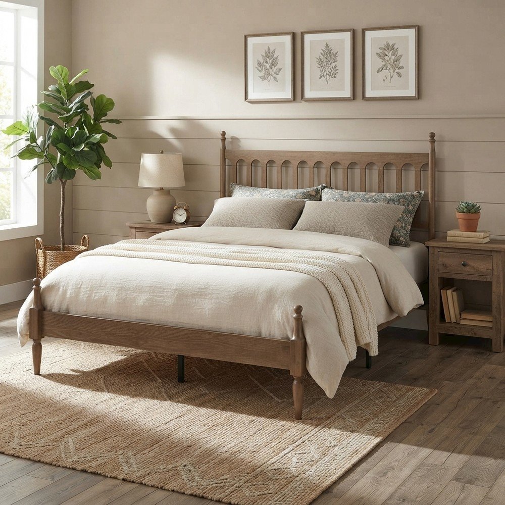 Solid Wood King Platform Bed Frame with Headboard, No Box Spring, Barnwood